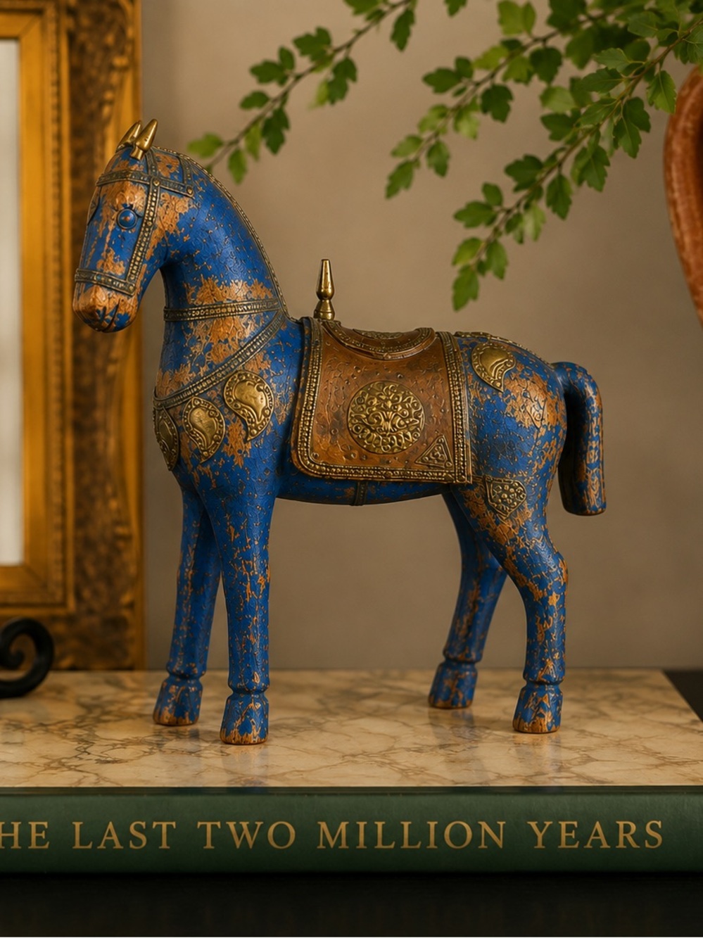 Vintage Style Blue Wooden Horse Brass Accents Distressed Decor